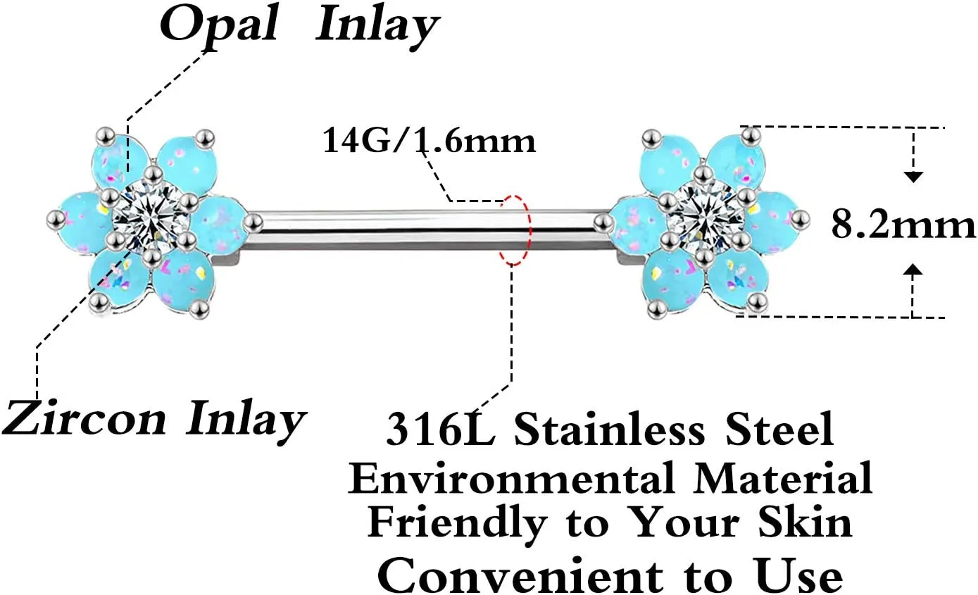 14G Opal Flower CZ Nipple Barbell Nipple Ring Piercing Jewelry for Women