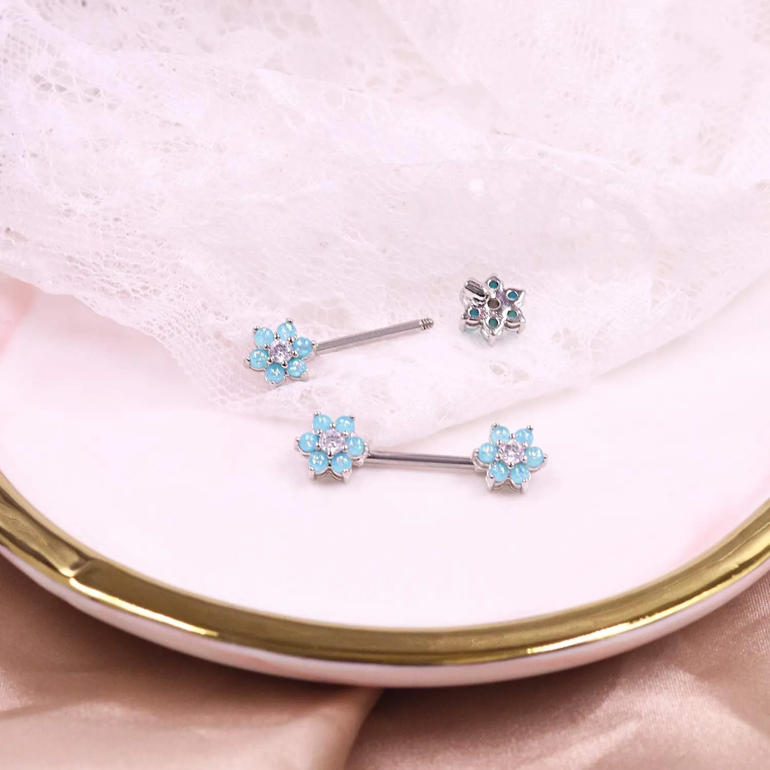 14G Opal Flower CZ Nipple Barbell Nipple Ring Piercing Jewelry for Women