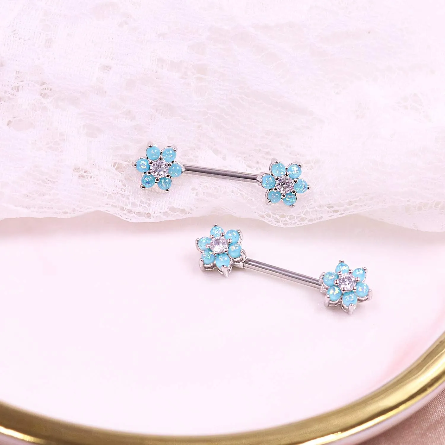 14G Opal Flower CZ Nipple Barbell Nipple Ring Piercing Jewelry for Women