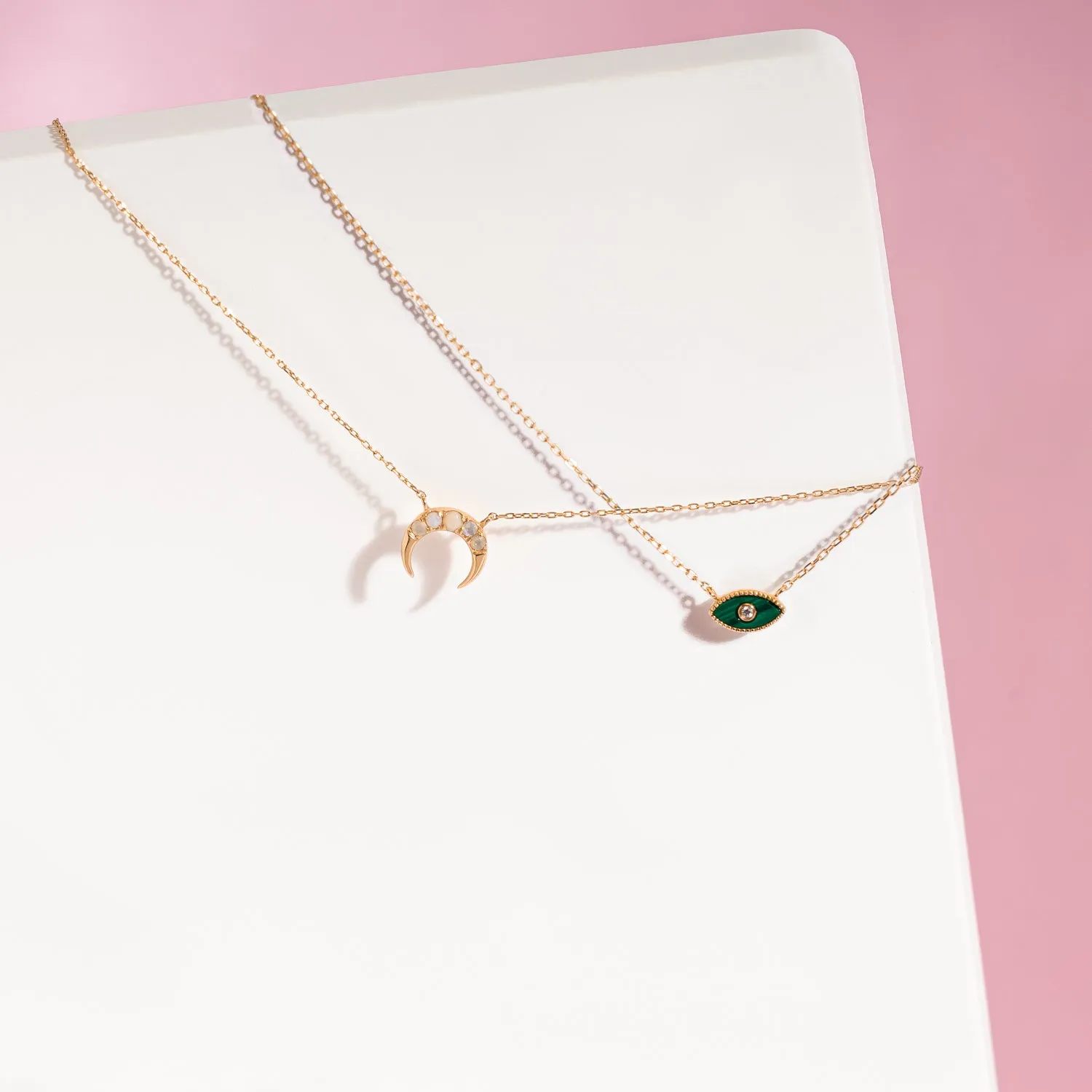 14K Solid Gold Opal Crescent Moon Necklace