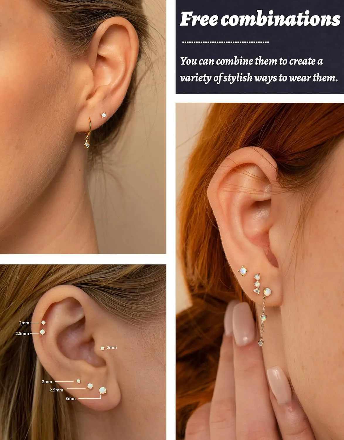 3 Pairs Gold Earrings for Women Trendy 925 Sterling Silver Stud Cartilage Earrings Hypoallergenic 14K Gold Planted Pearl Cute Earring Sets for Multiple Piercing Cubic Zirconia Opal Jewelry