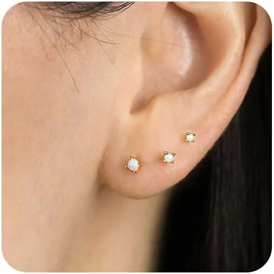 3 Pairs Gold Earrings for Women Trendy 925 Sterling Silver Stud Cartilage Earrings Hypoallergenic 14K Gold Planted Pearl Cute Earring Sets for Multiple Piercing Cubic Zirconia Opal Jewelry