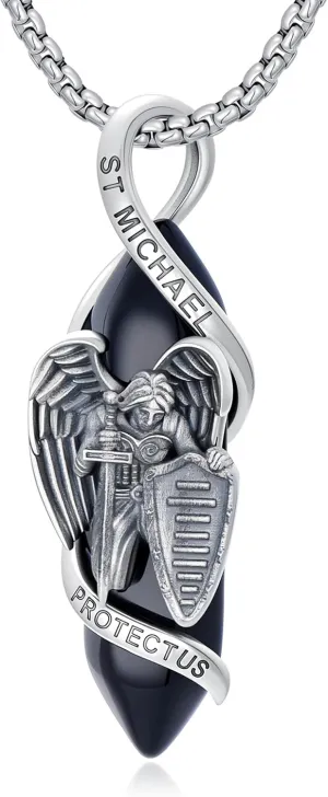 3D Saint Michael Necklace for Men, 925 Sterling Silver Catholic Archangel Michael Pendant Necklaces with Black Healing Crystal