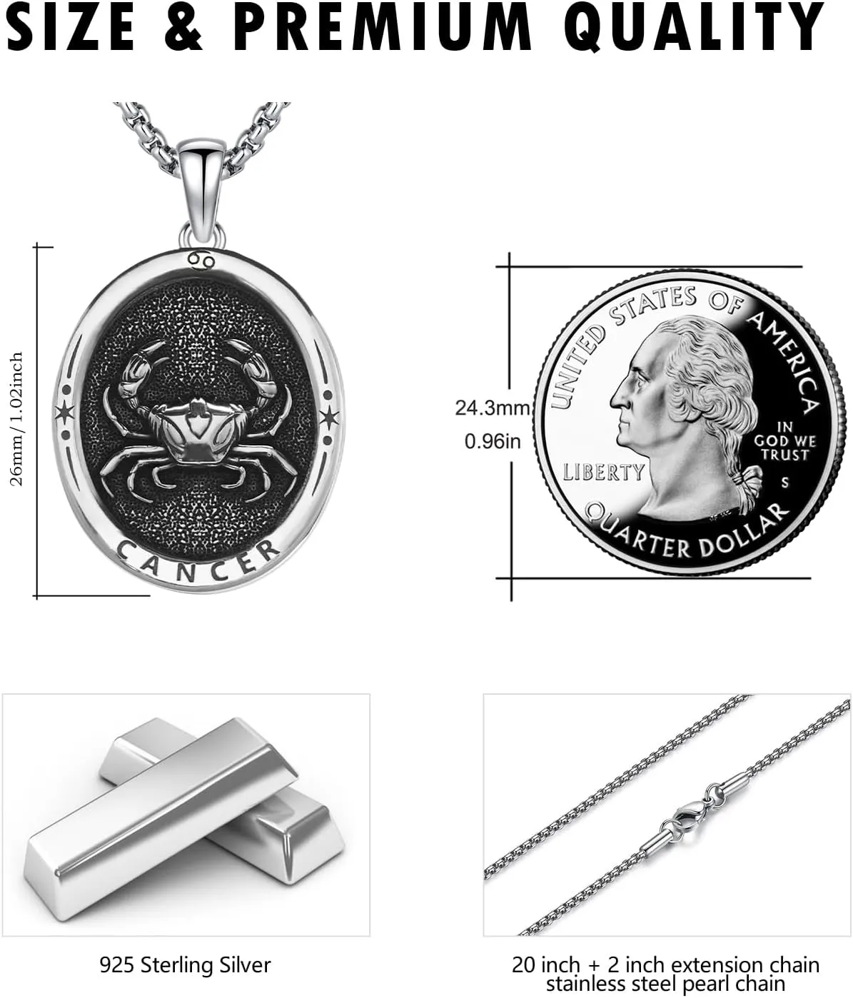 925 Sterling Silver Zodiac Constellation Pendant with Stainless Steel Chain 22" 2"