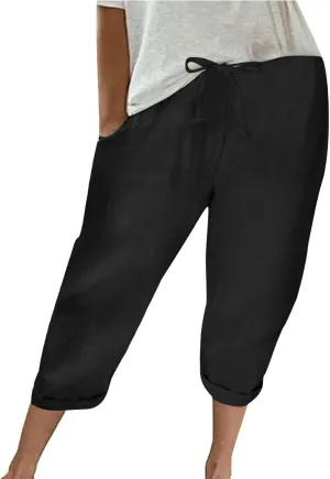 Capri Pants for Women Casual Summer Drawstring Elastic High Waist Linen Pants Baggy Straight Leg Cropped Trousers