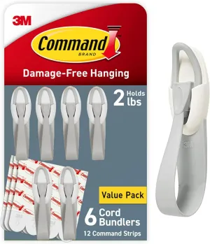 Command Cord Bundlers, Damage Free Hanging Cord Organizer, No Tools Cord Bundler for Hanging Electrical Cables, 6 Gray Cord Bundlers and 12 Command Strips