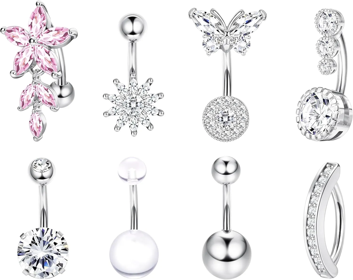 Dochais Pink Heart Belly Button Ring Piercing 8Pcs 14G Surgical Stainless Steel Navel Piercing Jewelry Hypoallergenic Cute Opal Butterfly Belly Button Rings for Women