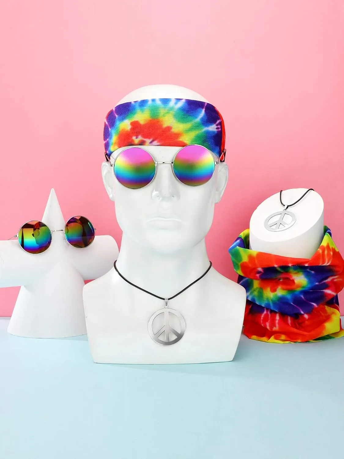 Frienda Hippie Costume Set, Hippie Sunglasses, Peace Sign Necklace and Tie Dye Headband for 60s 70s Accessories