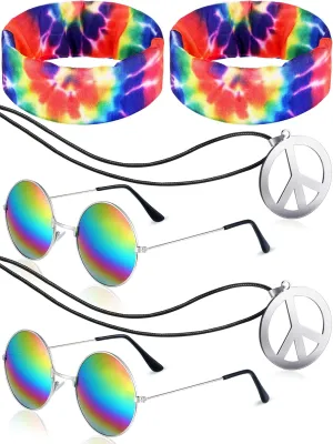 Frienda Hippie Costume Set, Hippie Sunglasses, Peace Sign Necklace and Tie Dye Headband for 60s 70s Accessories