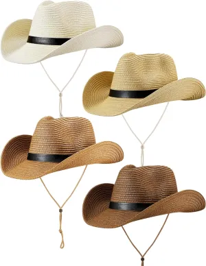 Giegxin 4 Pcs Summer Straw Hats Western Cowboy Cowgirl Hats Wide Brim for Farmer Sun Beach Men Women with Wind Lanyard