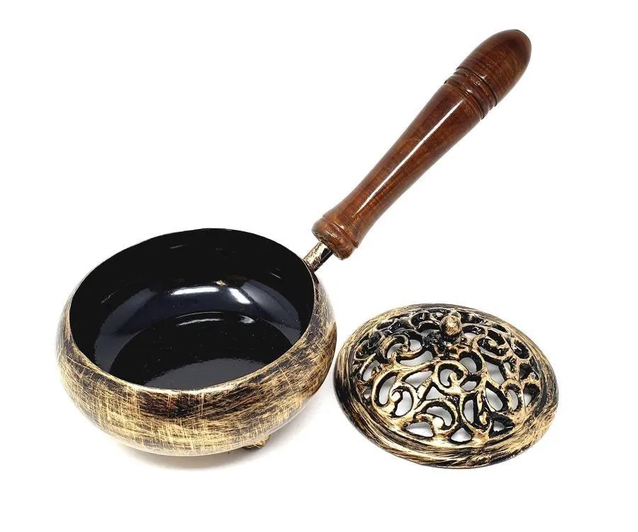 Golden Finish Iron Charcoal Burner with Lid & wood Handle 9"