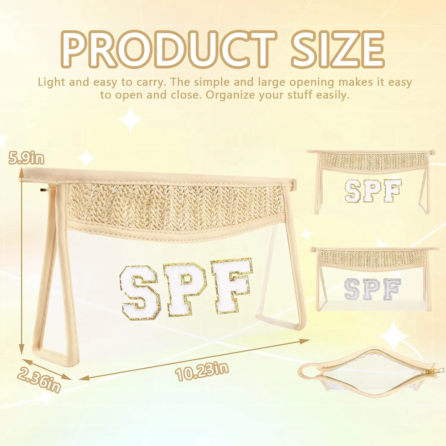 Iqimott Boho Patch SPF Bag Clear Makeup Letter Bag, Waterproof Zipper Make up Bag Toiletry Pouch for Women Girls, Clear Letter Patch Cosmetic Bag Transparent Organizer Pouch for Travel(SPF, Beige)