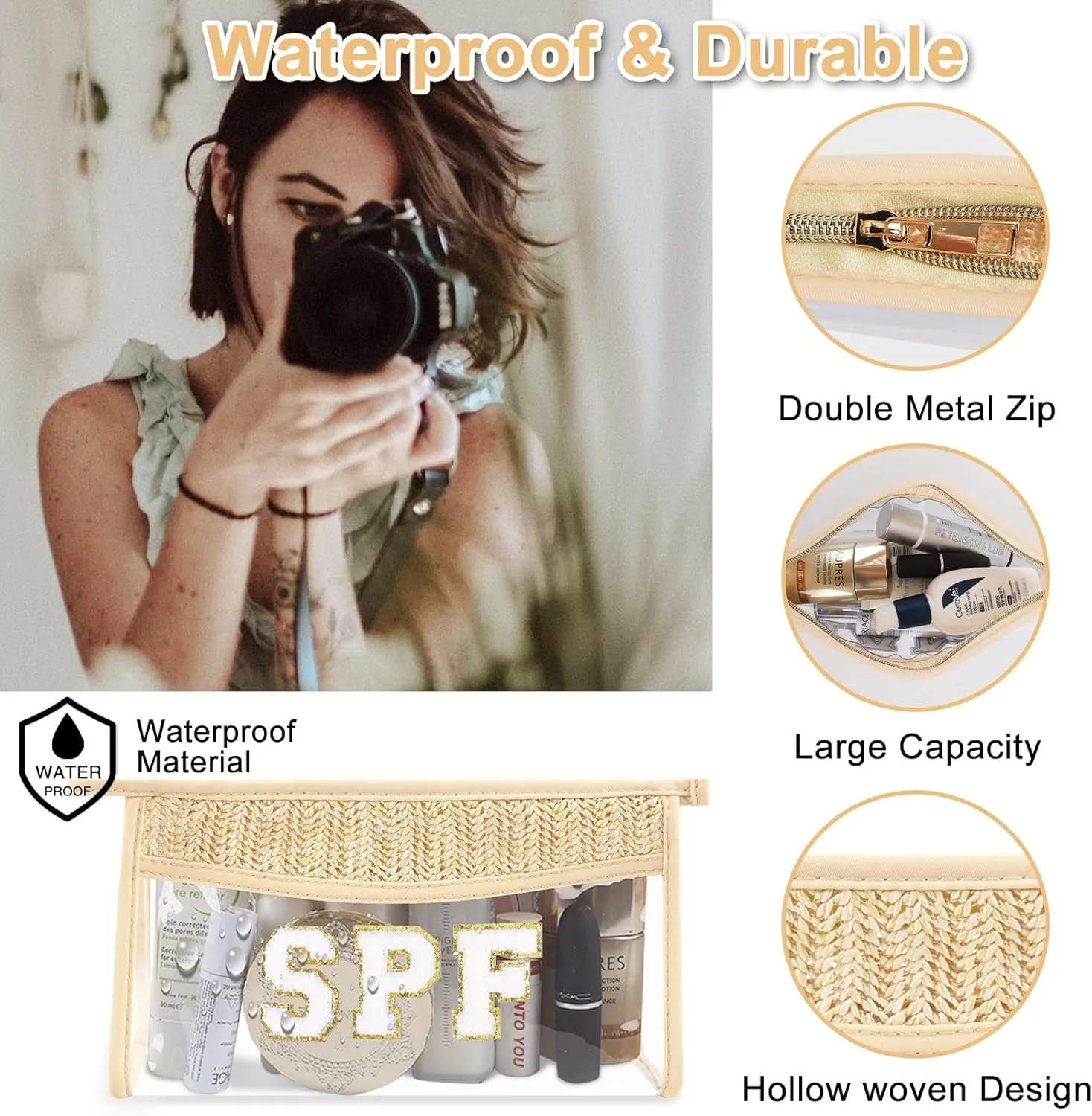Iqimott Boho Patch SPF Bag Clear Makeup Letter Bag, Waterproof Zipper Make up Bag Toiletry Pouch for Women Girls, Clear Letter Patch Cosmetic Bag Transparent Organizer Pouch for Travel(SPF, Beige)