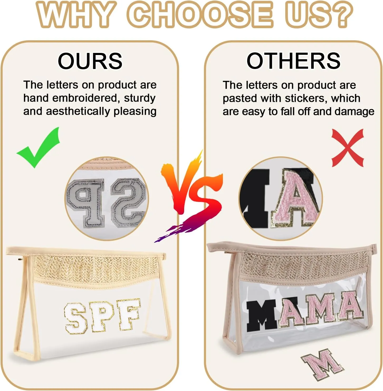 Iqimott Boho Patch SPF Bag Clear Makeup Letter Bag, Waterproof Zipper Make up Bag Toiletry Pouch for Women Girls, Clear Letter Patch Cosmetic Bag Transparent Organizer Pouch for Travel(SPF, Beige)