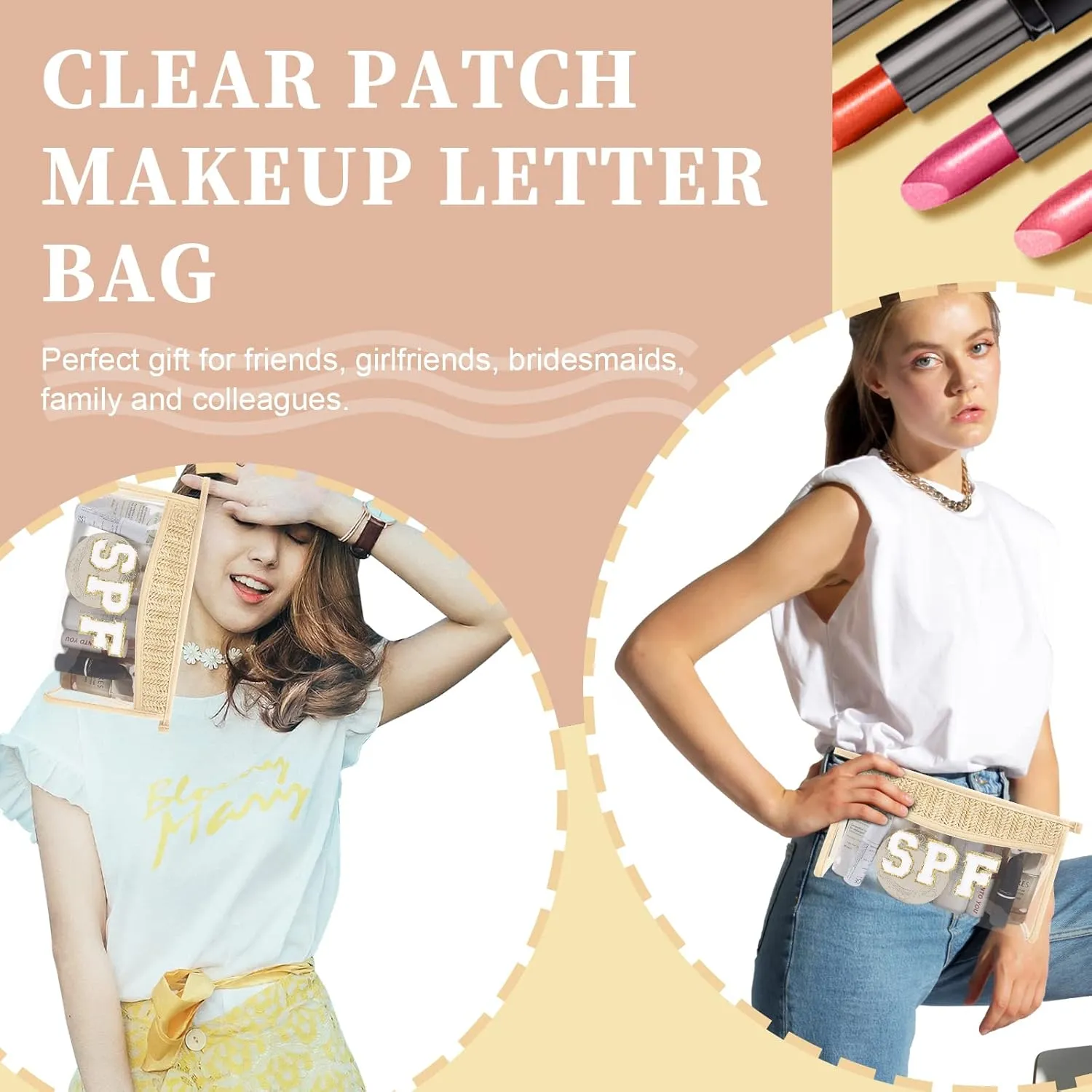 Iqimott Boho Patch SPF Bag Clear Makeup Letter Bag, Waterproof Zipper Make up Bag Toiletry Pouch for Women Girls, Clear Letter Patch Cosmetic Bag Transparent Organizer Pouch for Travel(SPF, Beige)