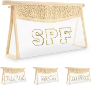 Iqimott Boho Patch SPF Bag Clear Makeup Letter Bag, Waterproof Zipper Make up Bag Toiletry Pouch for Women Girls, Clear Letter Patch Cosmetic Bag Transparent Organizer Pouch for Travel(SPF, Beige)