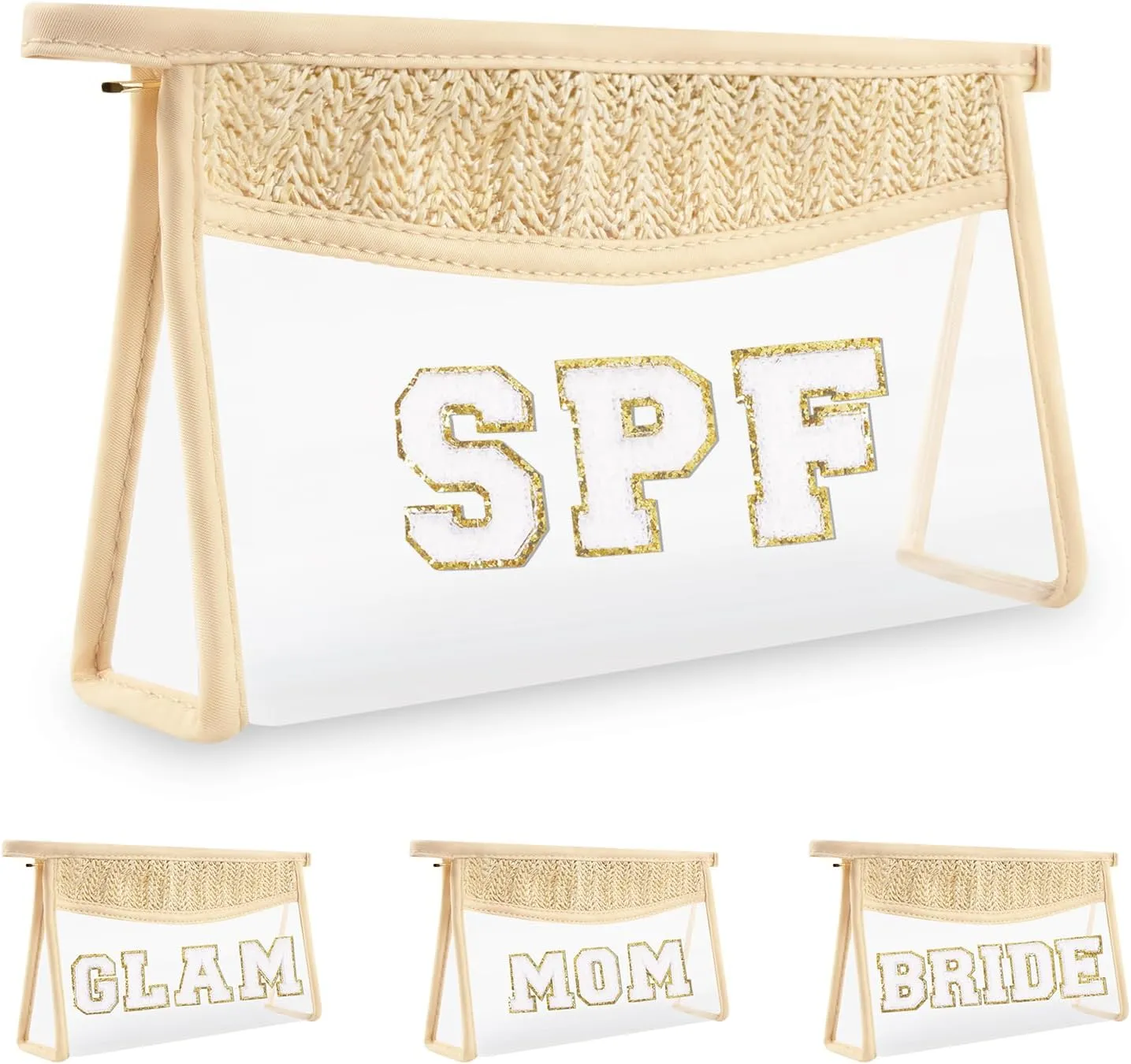 Iqimott Boho Patch SPF Bag Clear Makeup Letter Bag, Waterproof Zipper Make up Bag Toiletry Pouch for Women Girls, Clear Letter Patch Cosmetic Bag Transparent Organizer Pouch for Travel(SPF, Beige)