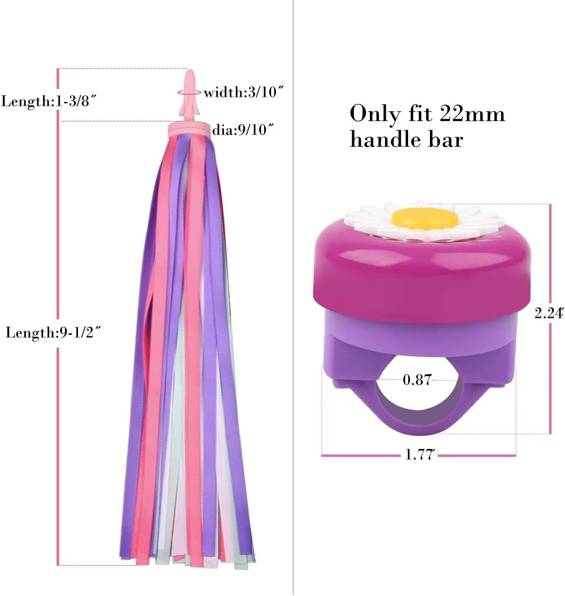 Kids Streamers and Bike Bell for Girls-1 Pack Flower Bicycle Bell with 2 Pack Handlebar Streamers Scooter Tassels for Children's Bike Accessories