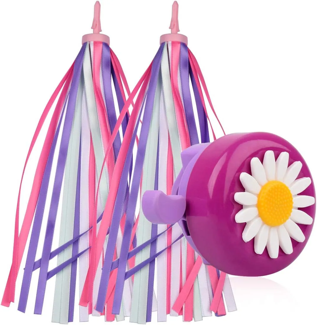 Kids Streamers and Bike Bell for Girls-1 Pack Flower Bicycle Bell with 2 Pack Handlebar Streamers Scooter Tassels for Children's Bike Accessories