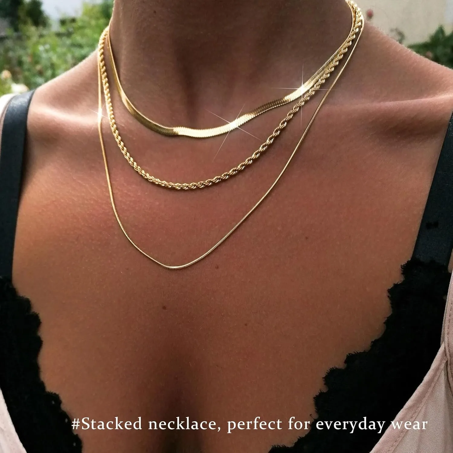 Layered Necklaces for Women,Dainty Gold Necklace for Women Trendy Gold Plated Necklace Set Stack Cuban Link Paperclip Chain Herringbone Jewelry Gifts 3Pcs