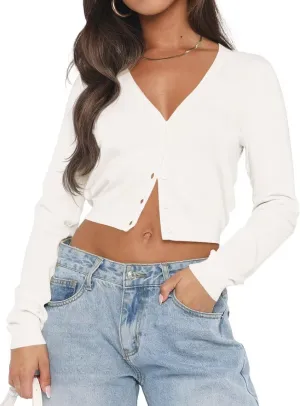 LEEDYA Women's Long Sleeve Cardigans Open Front Knit Cropped Sweaters Fall V Neck Button Down Jacket Tops