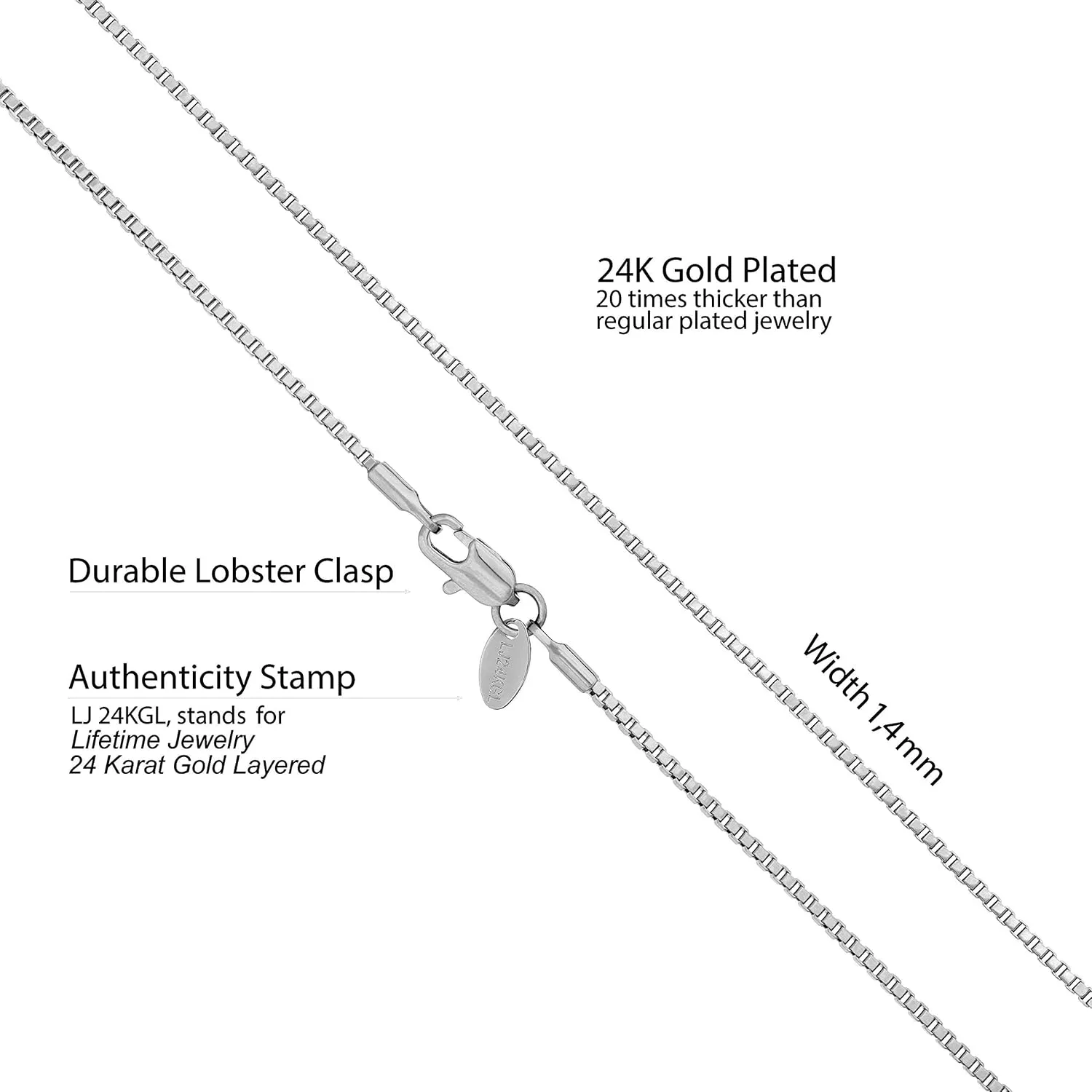LIFETIME JEWELRY 1.4mm Box Chain Necklace for Women and Men 24k Real Gold Plated