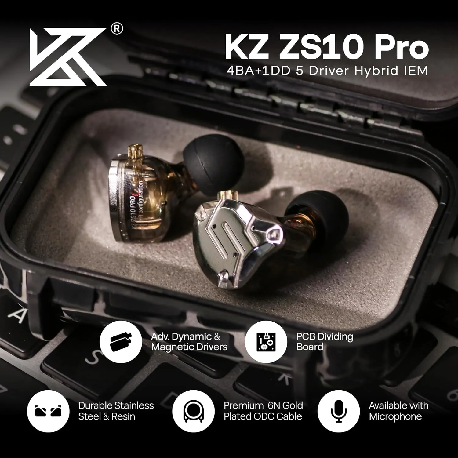 Linsoul KZ ZS10 Pro, 4BA 1DD 5 Driver in Ear Monitor, HiFi Wired Earbuds, Gaming Earbuds, Hybrid IEM Earphones with Stainless Steel Faceplate, Detachable Cable for Musician(with Mic, Black)