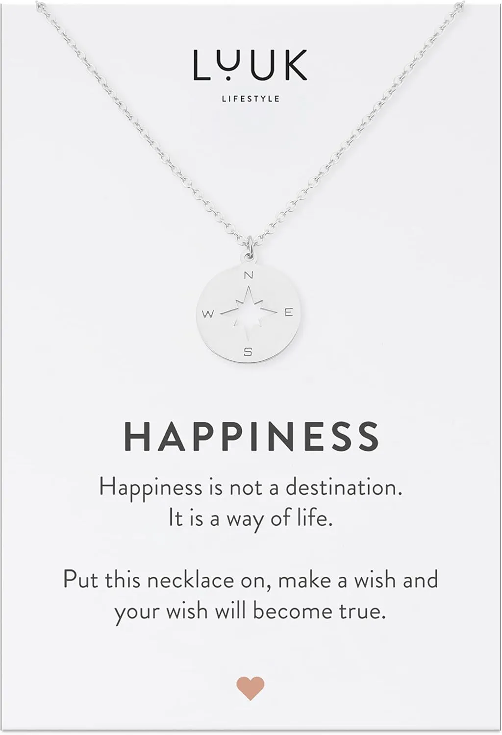 LUUK LIFESTYLE Stainless steel necklace with pendant and HAPPINESS card, 20?? adjustable length, lucky charm, friendship chain, Valentine's Day gift, birthday, women's jewelry, silver, gold, rosegold