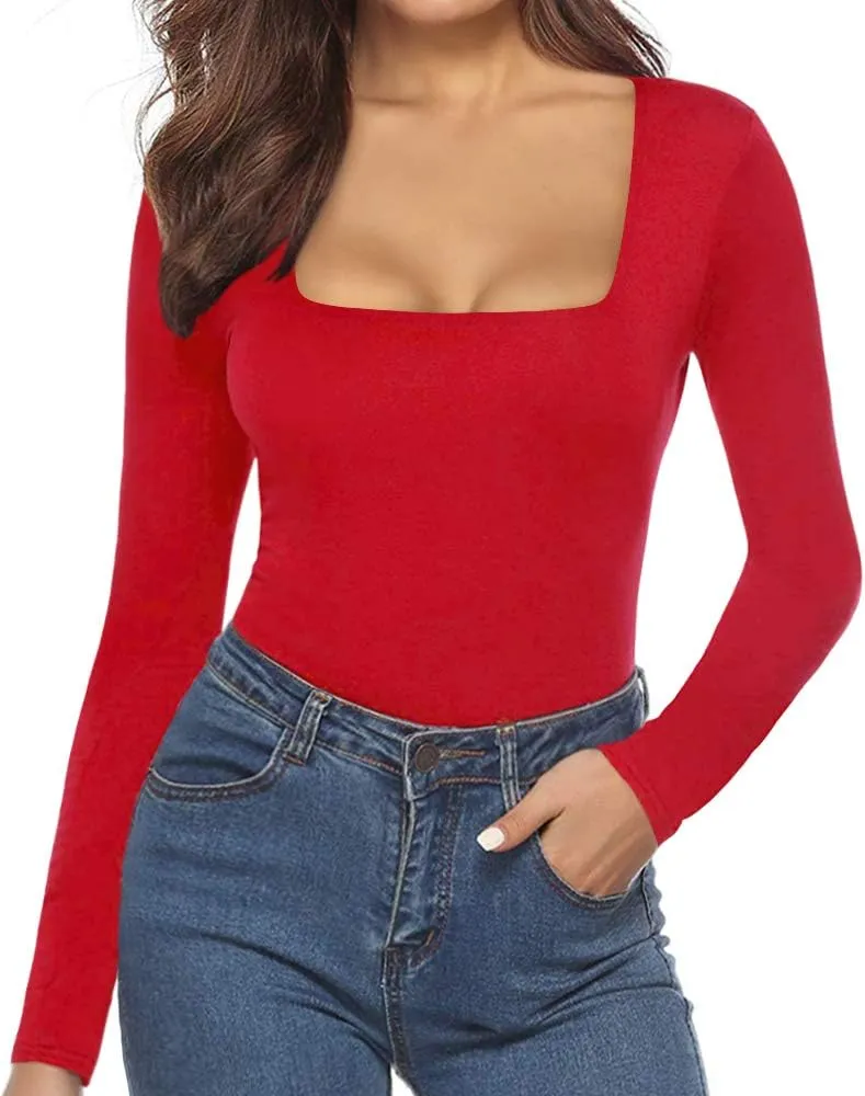 MANGOPOP Women's Square Neck Short Sleeve Long Sleeve Bodysuit Sexy Body Suits Shirt Slim Fitted Tops