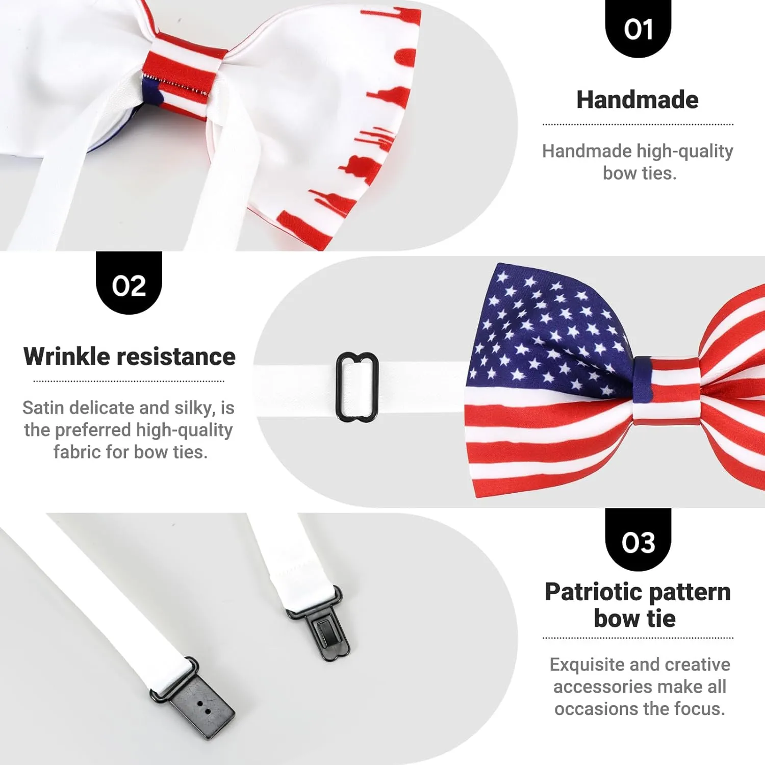 Men's American Flag Bow Tie Satin Silk Pre-tied Solid Stars Stripes USA Bow Ties for Men with Gift Box