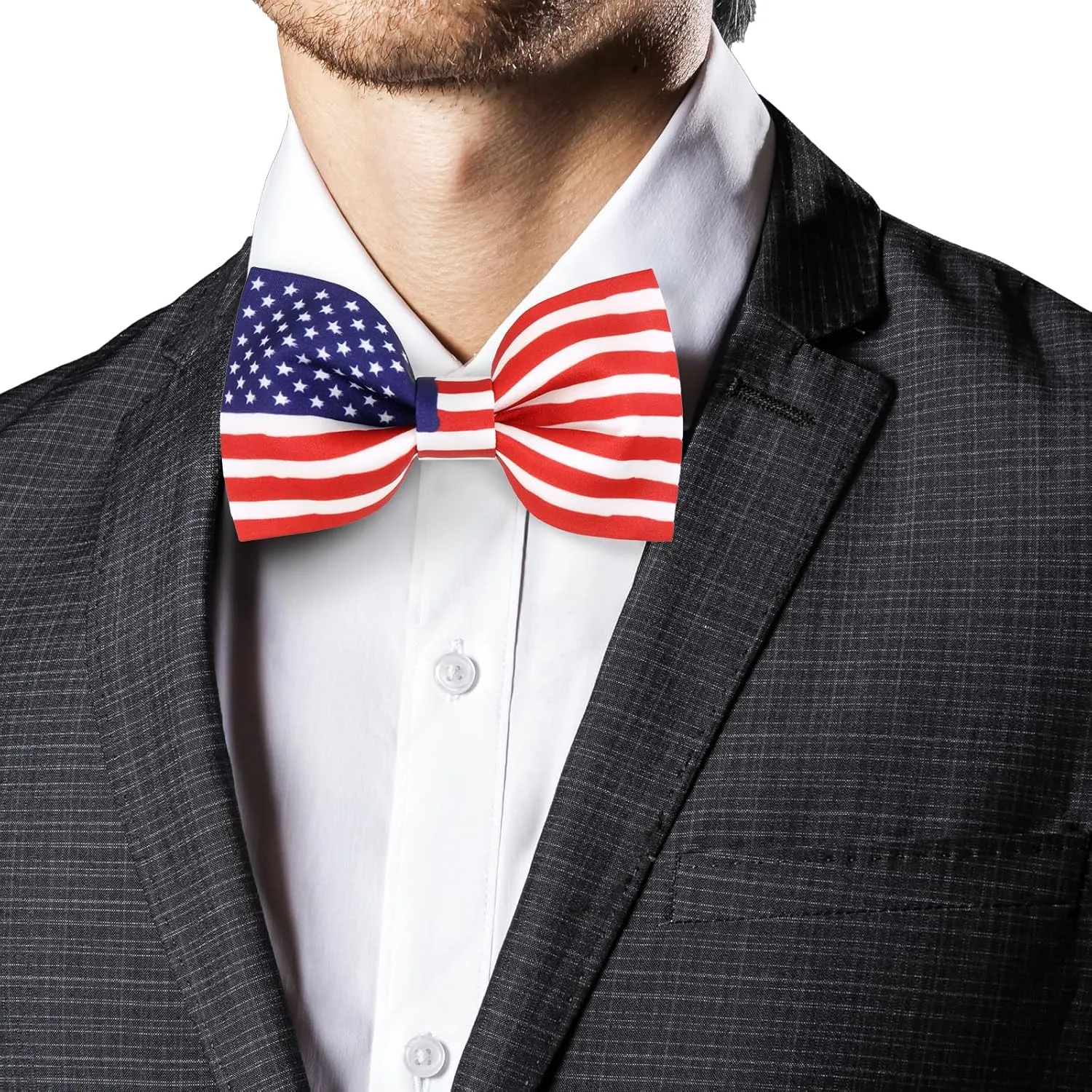 Men's American Flag Bow Tie Satin Silk Pre-tied Solid Stars Stripes USA Bow Ties for Men with Gift Box