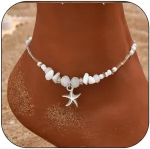 Natural Stone Beaded Anklets Bracelets for Women Summer Starfish Beach Anklets Bracelet Adjustable Waterproof Opal Turquoise Starfish Shell Anklet White Nature Stone Surfer Foot Chain Jewelry