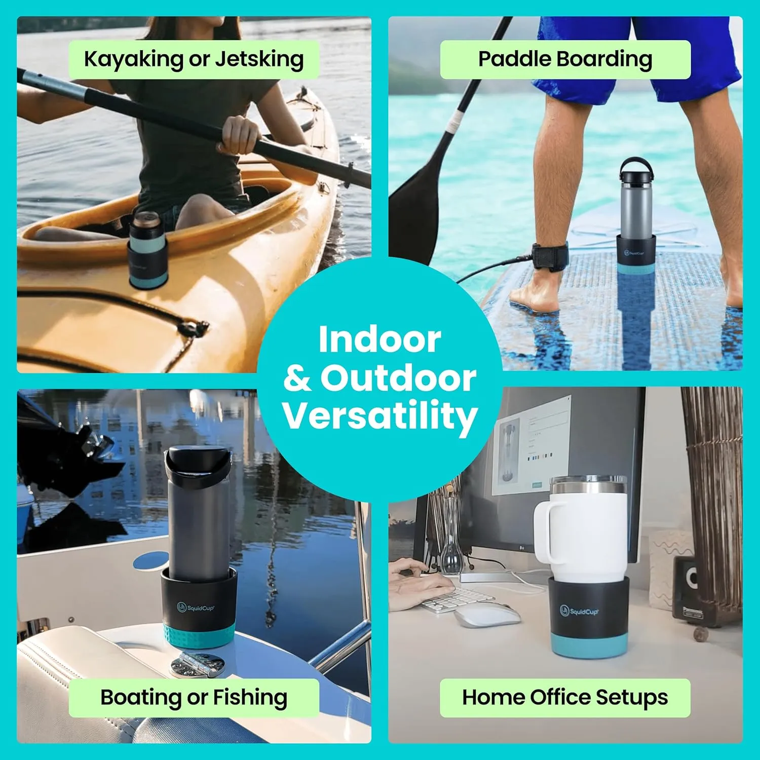 Non-Tipping, Anti-Spill Cup Holder for Boats, Kayaks, SUPs, RVs, Fishing & Camping | Universal 1230 oz Fit | BPA-Free, Optional SquidDisk Mount Included for Textured Surfaces (Black/Teal)