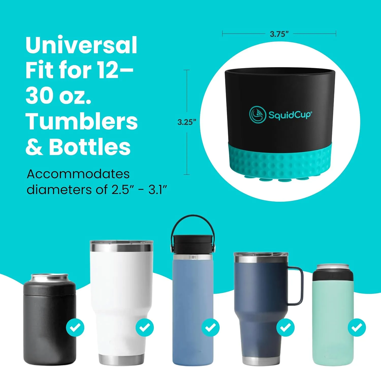 Non-Tipping, Anti-Spill Cup Holder for Boats, Kayaks, SUPs, RVs, Fishing & Camping | Universal 1230 oz Fit | BPA-Free, Optional SquidDisk Mount Included for Textured Surfaces (Black/Teal)