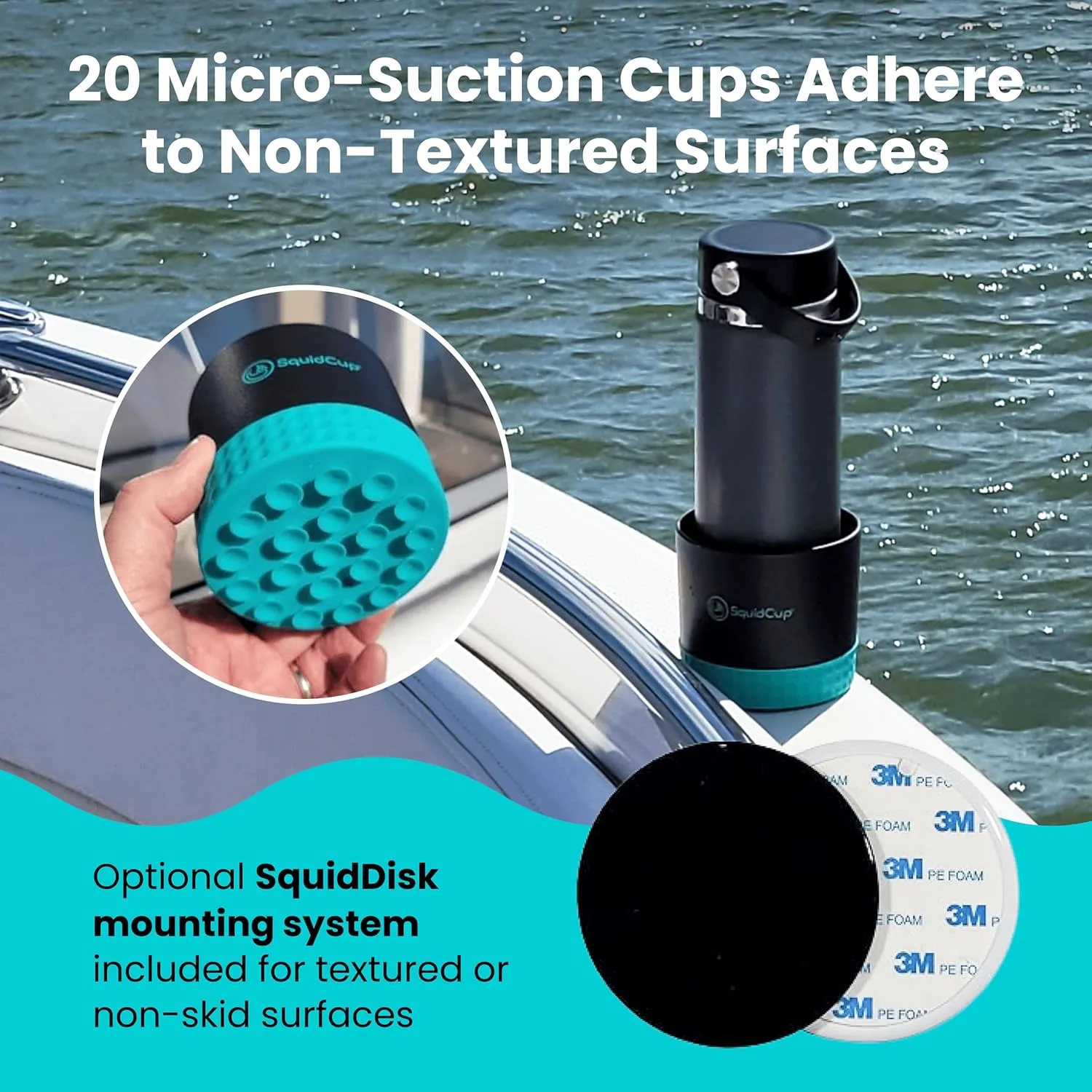 Non-Tipping, Anti-Spill Cup Holder for Boats, Kayaks, SUPs, RVs, Fishing & Camping | Universal 1230 oz Fit | BPA-Free, Optional SquidDisk Mount Included for Textured Surfaces (Black/Teal)