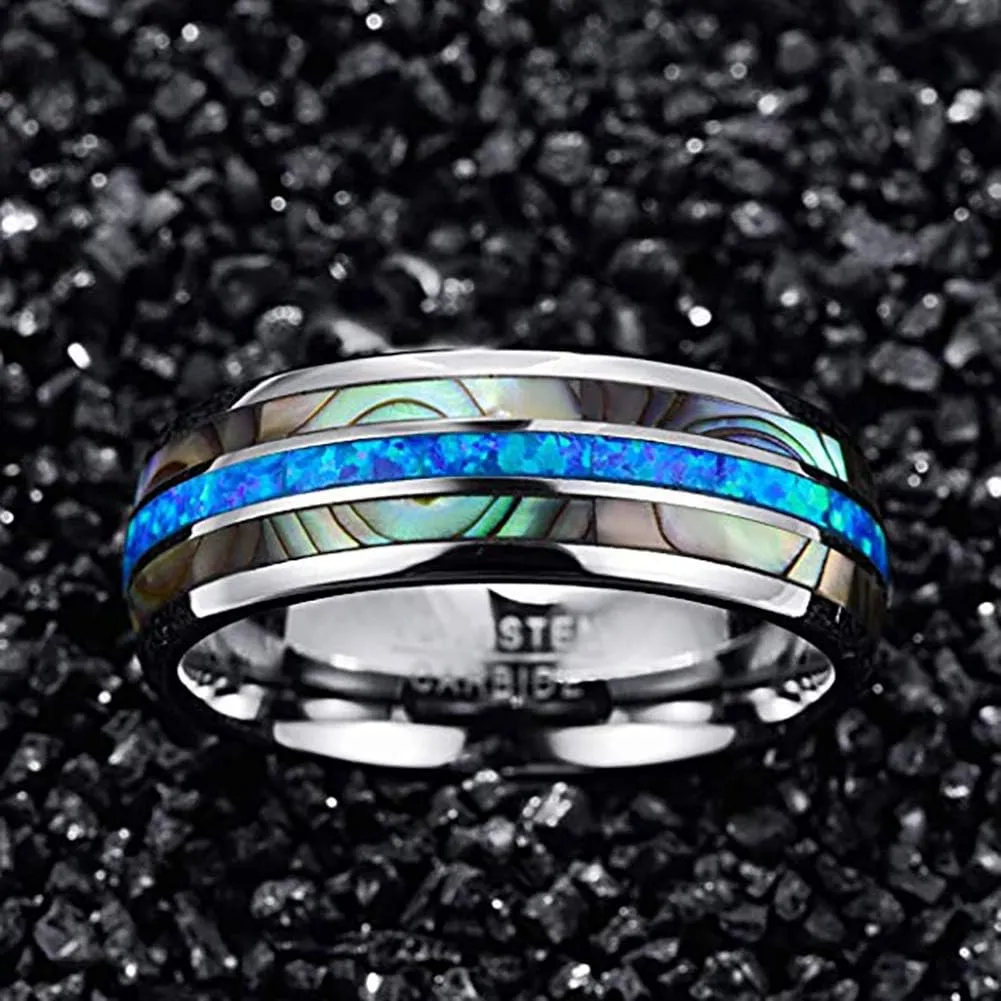 NUNCAD Mens Tungsten Ring Wedding Band 8mm Real Blue/Green Opal and Abalone Shell Tungsten Engagement Ring Comfort Fit Size 7-12