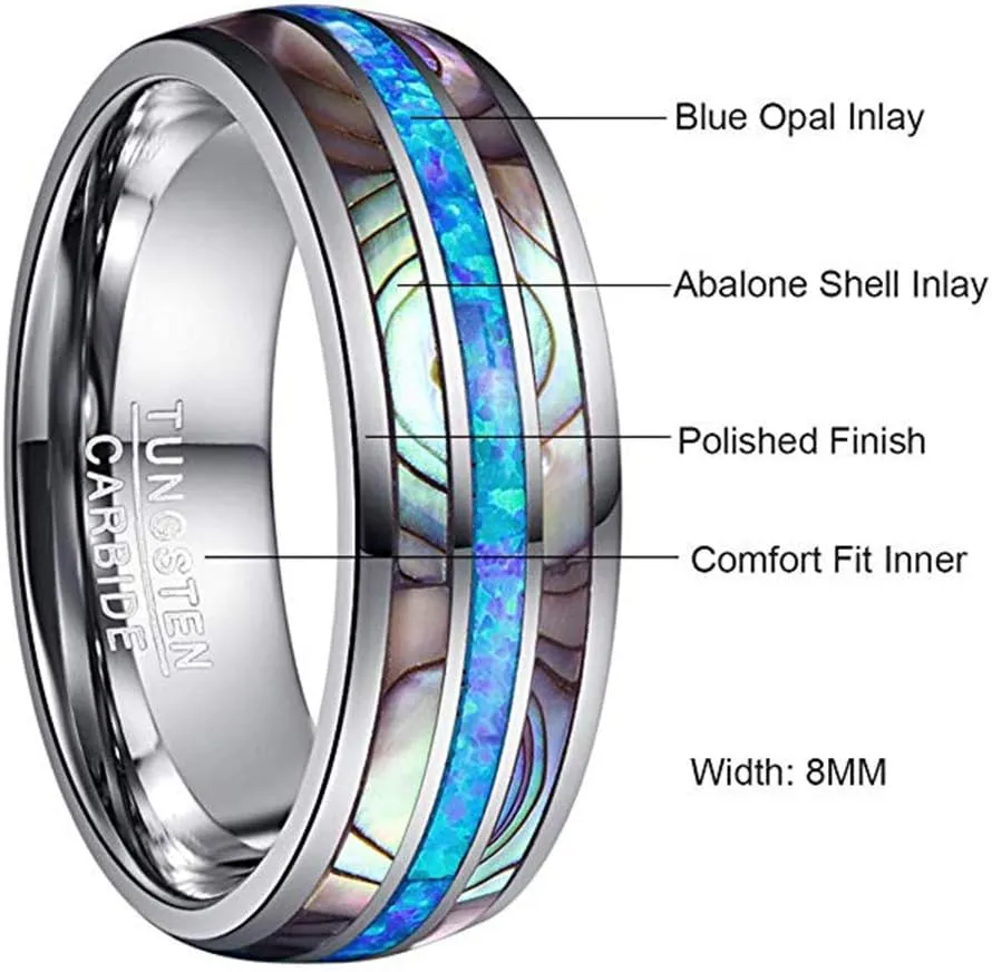 NUNCAD Mens Tungsten Ring Wedding Band 8mm Real Blue/Green Opal and Abalone Shell Tungsten Engagement Ring Comfort Fit Size 7-12