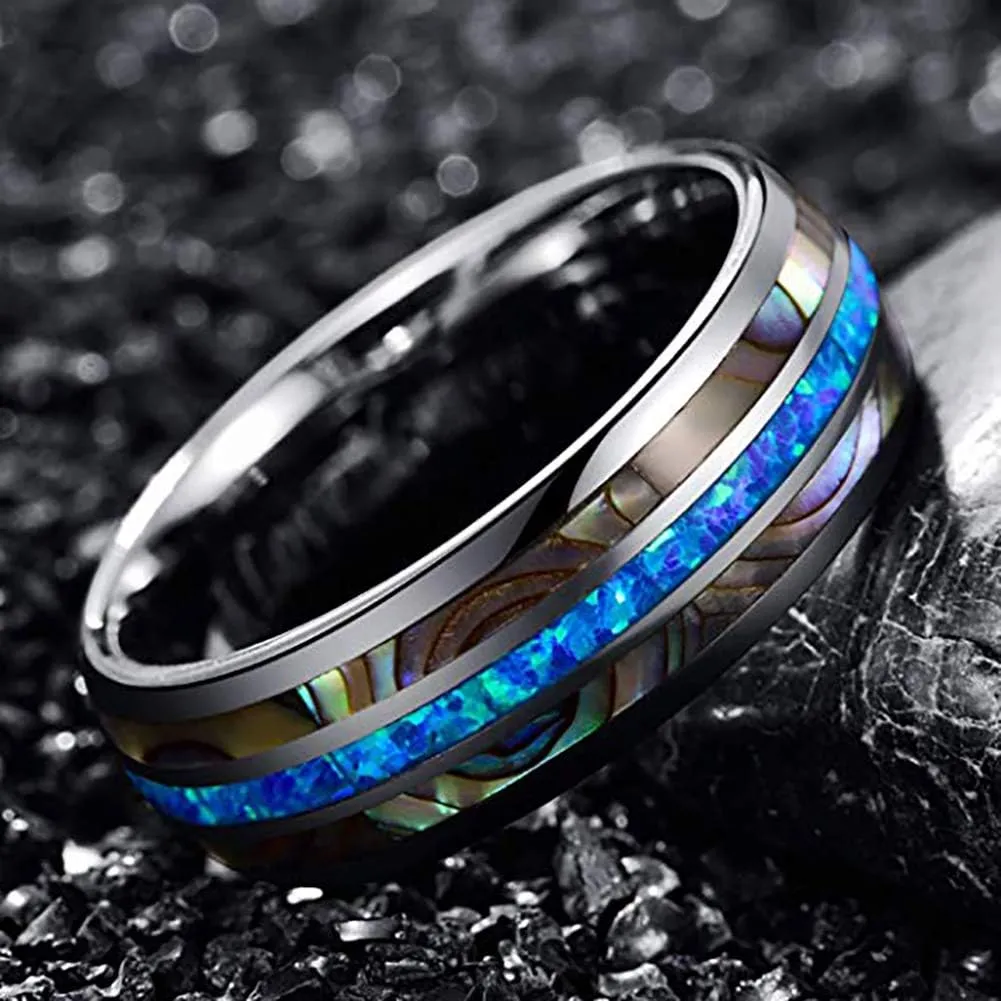 NUNCAD Mens Tungsten Ring Wedding Band 8mm Real Blue/Green Opal and Abalone Shell Tungsten Engagement Ring Comfort Fit Size 7-12