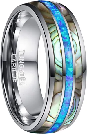 NUNCAD Mens Tungsten Ring Wedding Band 8mm Real Blue/Green Opal and Abalone Shell Tungsten Engagement Ring Comfort Fit Size 7-12