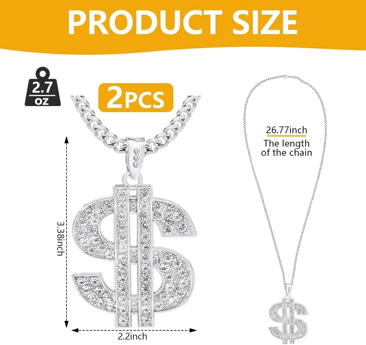 OBTANIM 2 Pack Gold Plated Chain with Dollar Sign Pendant Necklace Hip Hop Dollar Necklace for Men