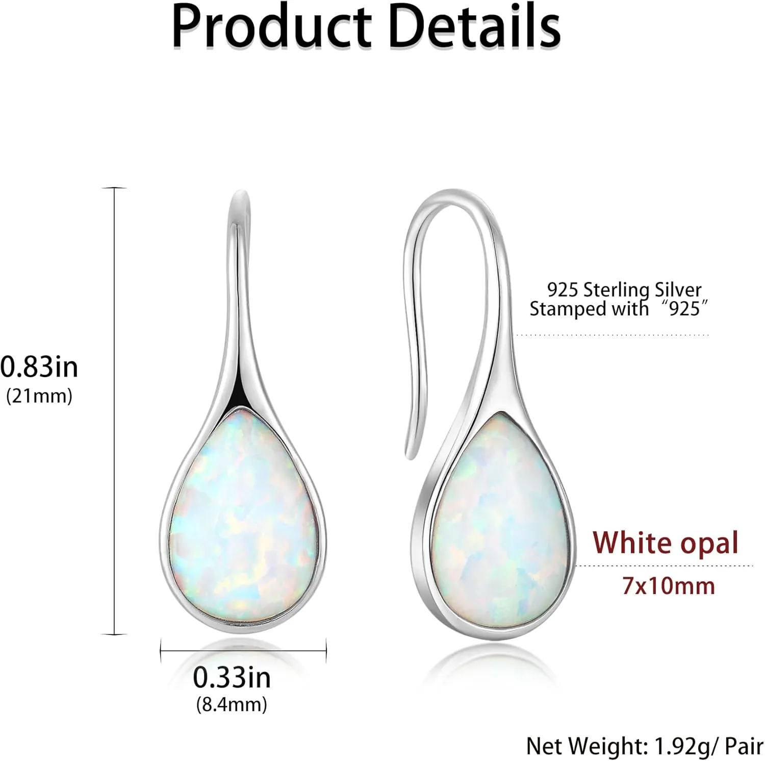 Opal Earrings 925 Sterling Silver Hook Drop Teardrop Gemstone Earrings October Birthstone Dangle Earrings Jewelry Mother's Day Gift for Women