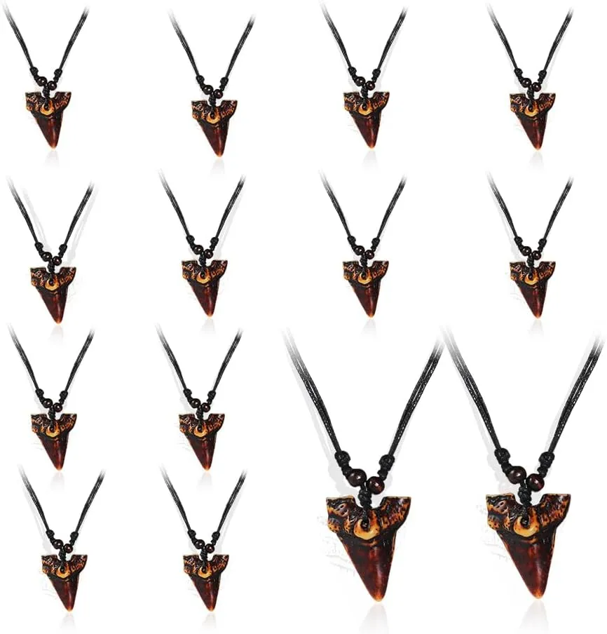 Pingyongchang Junkin Shark Tooth Necklaces for Surfer Necklace Long Shark Teeth Pendant Hawaiian Beach Surfer Jewelry Adjustable Cord Necklace for Men (12Pieces/14Pieces)
