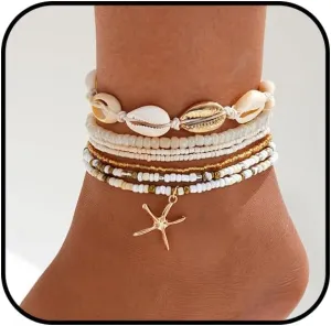 Shell Ankle Bracelets for Women Boho Gold Pearl Starfish Necklace Adjustable Beaded Puka Shell Anklet Hawaiian Summer Beach Jewelry