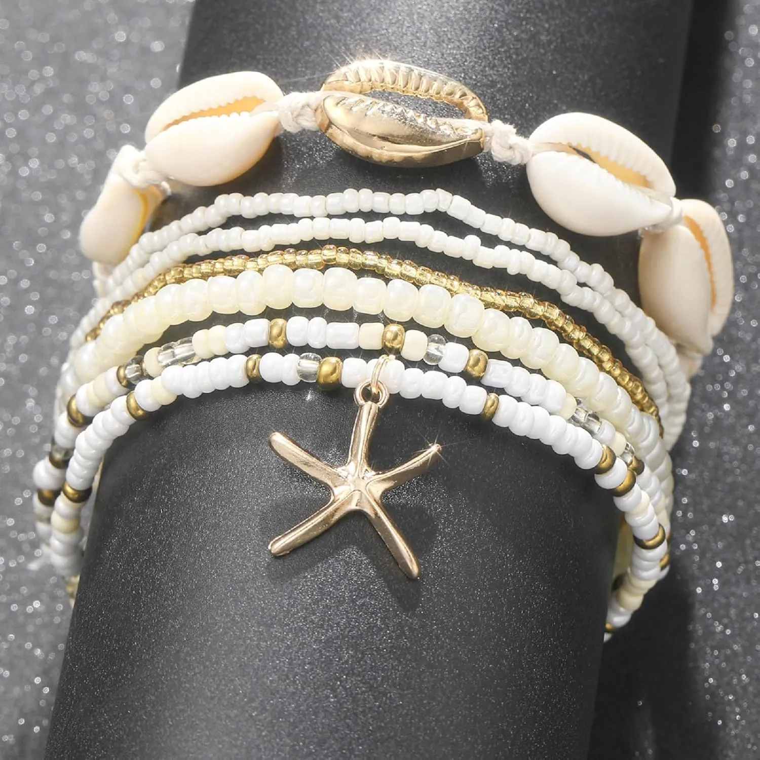 Shell Ankle Bracelets for Women Boho Gold Pearl Starfish Necklace Adjustable Beaded Puka Shell Anklet Hawaiian Summer Beach Jewelry