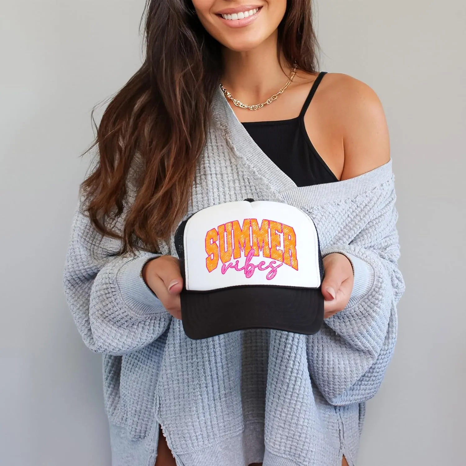 Summer Vibes Graphic Adjustable Cap Women and Teens Classic 5 Panel Mesh Snap Back Trucker Hat