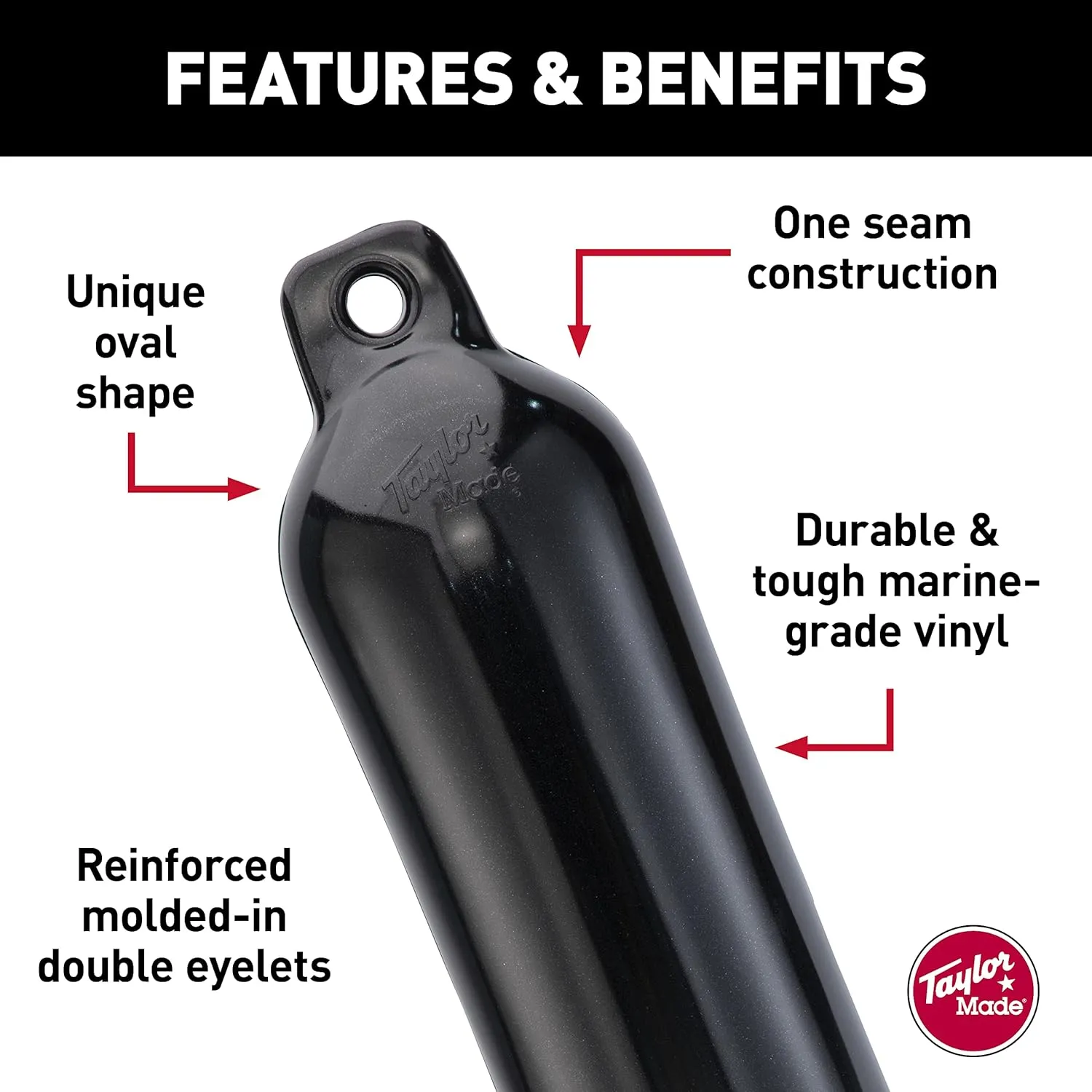 Taylor Made Hull-Gard Inflatable Boat Fender, Black Onyx (4.5" x 16"), Unique Oval Shape, Molded Football Needle Inflation Valve, Seamless Construction, Double Eyelets - 31721