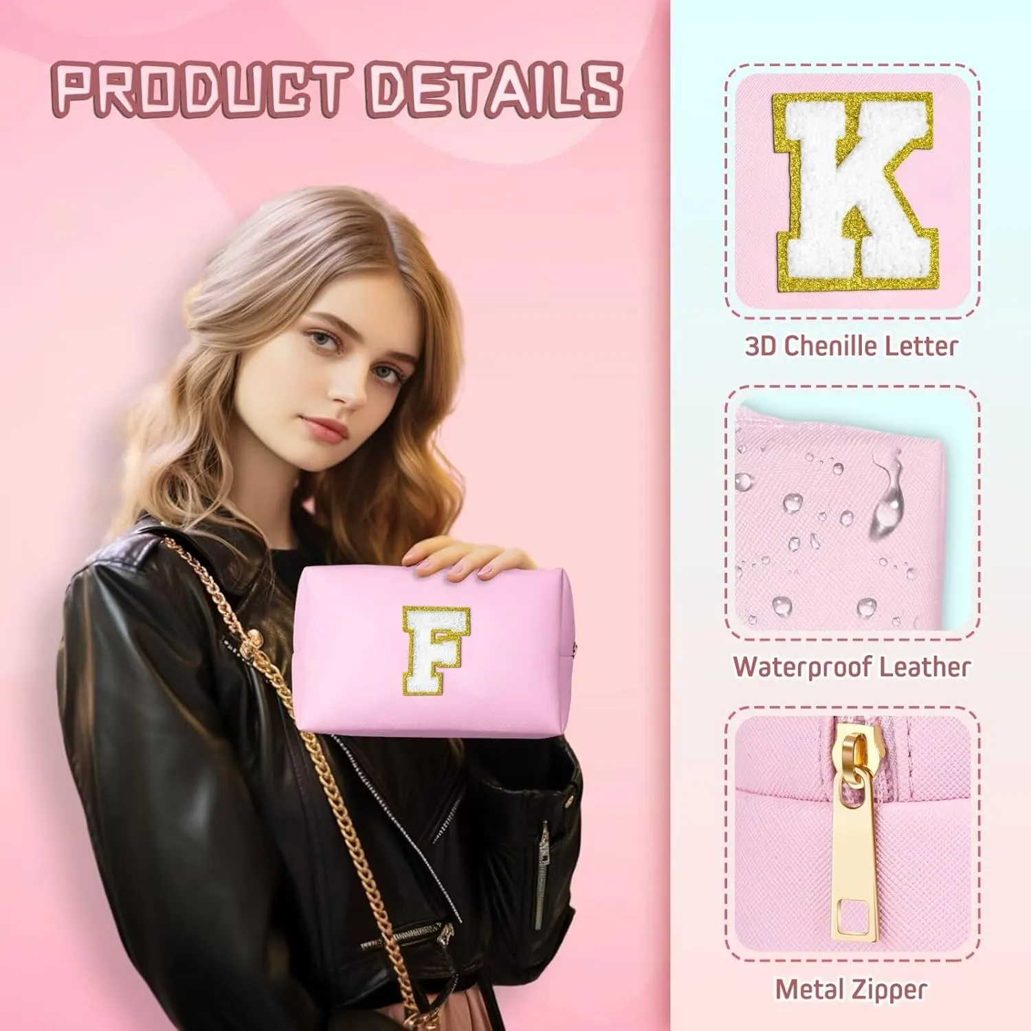 TOPEAST Graduation Gifts - Initial Makeup Bag, Birthday Gifts for 4 5 6 7 8 9 10 11 12 Year Old Girls, Personalized Preppy Cosmetic Bag | Leather Toiletry Bag (Pink A)