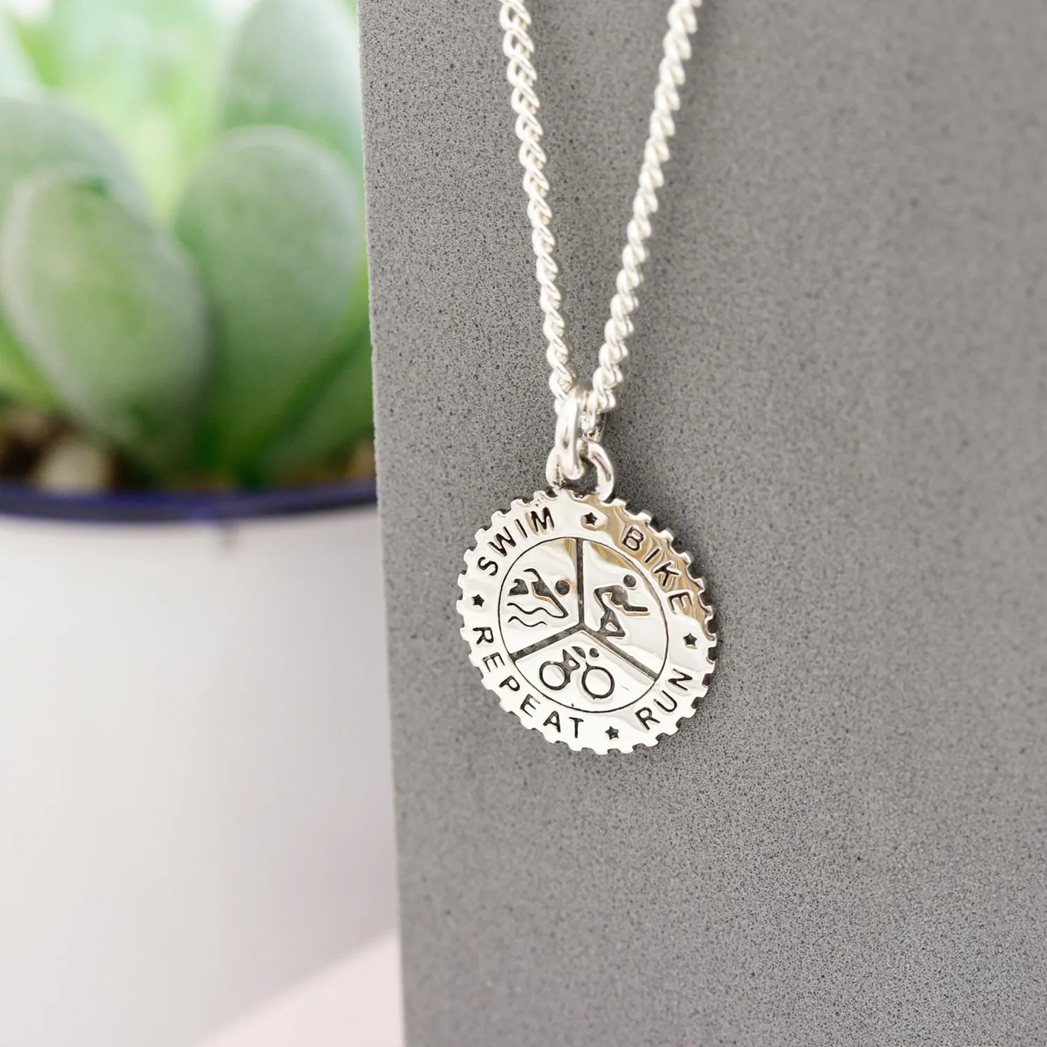 Triathlon Small Swim Bike Run Personalised Silver Necklace