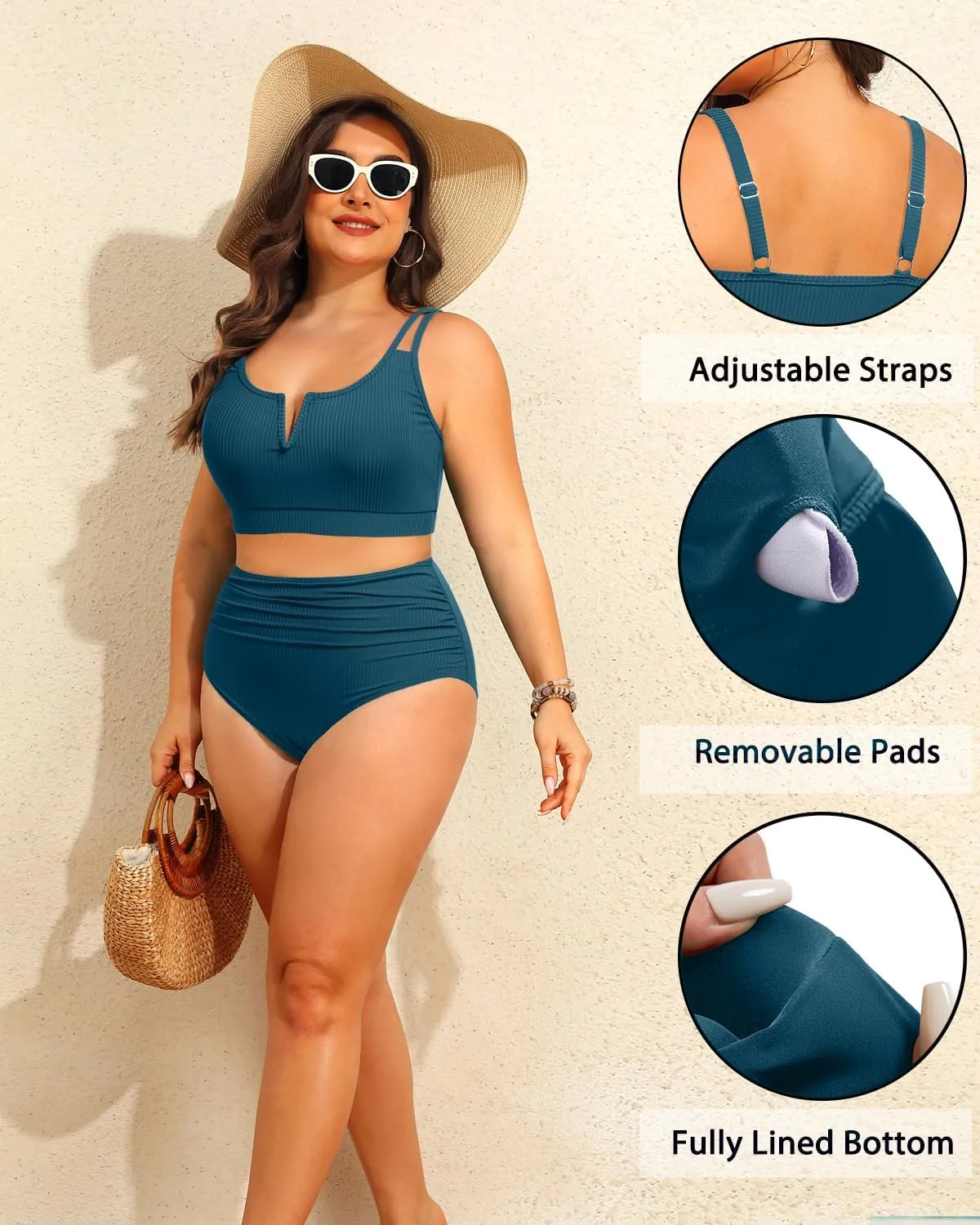 Women Plus Size High Waisted Bikini - Ribbed Two Piece Swimsuit Tummy Control Bathing Suit V-Wired 2025 Swimwear