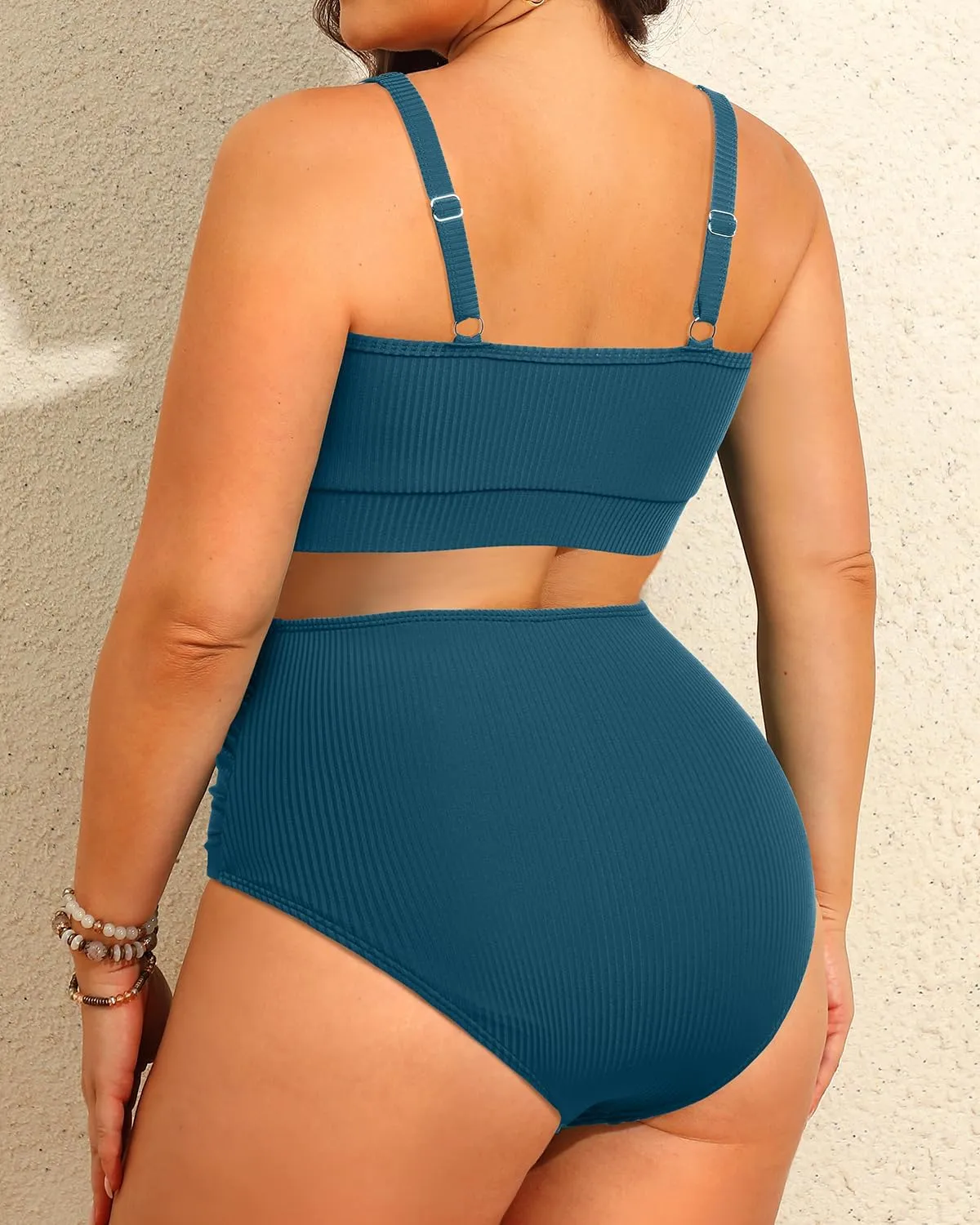 Women Plus Size High Waisted Bikini - Ribbed Two Piece Swimsuit Tummy Control Bathing Suit V-Wired 2025 Swimwear